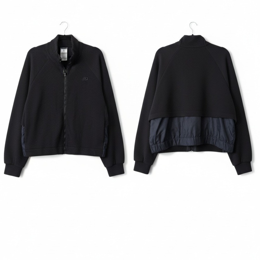 New Balance Full Zip Jacket Large Black Textured Waffle Knit Mixed Media Sporty